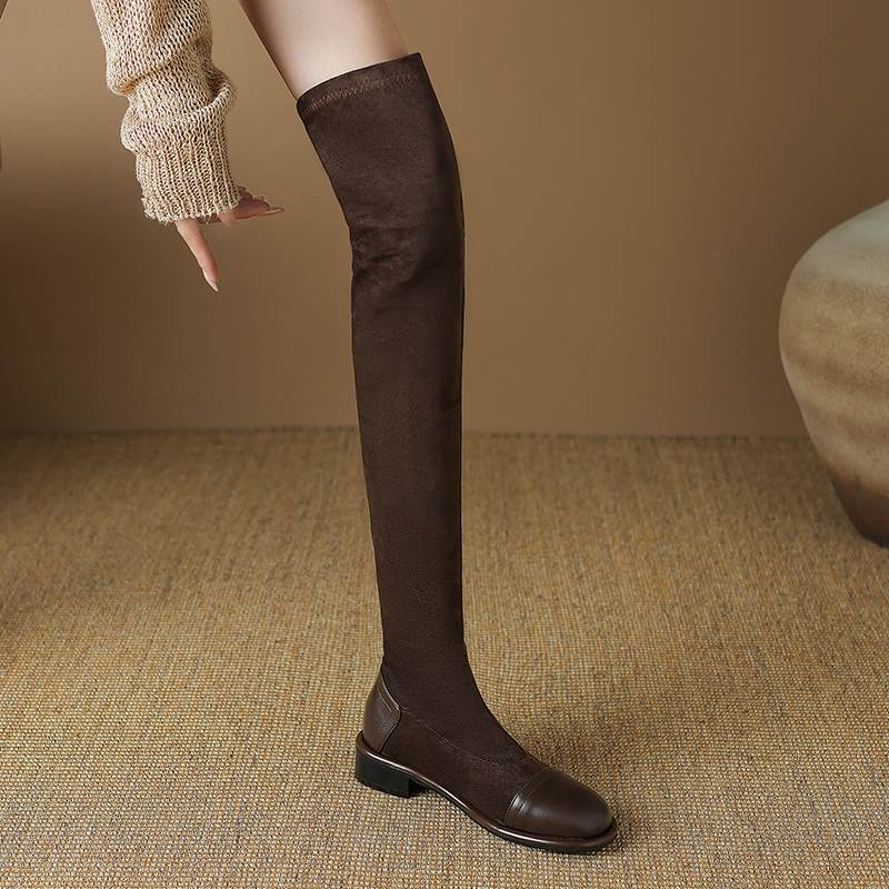 Krazing Pot Flock Autumn Winter Shoes Low Heels Size 43 Long Boots Slip On Stretch Over-the-knee Boots