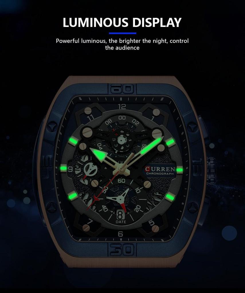 CURREN 8443 Wasserdichte Herren-Quarz-Multifunktionsuhr mit Sechs-Zeiger-Design und Tonnenform