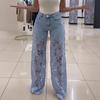Jeans Femininos Patchwork de Renda Casual Baggy Retos Perna Larga Jeans Denim Cintura Média Florais Vazados