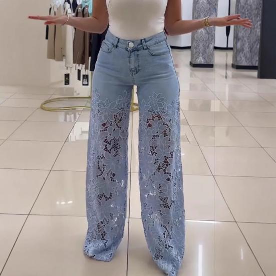 Jeans Femininos Patchwork de Renda Casual Baggy Retos Perna Larga Jeans Denim Cintura Média Florais Vazados