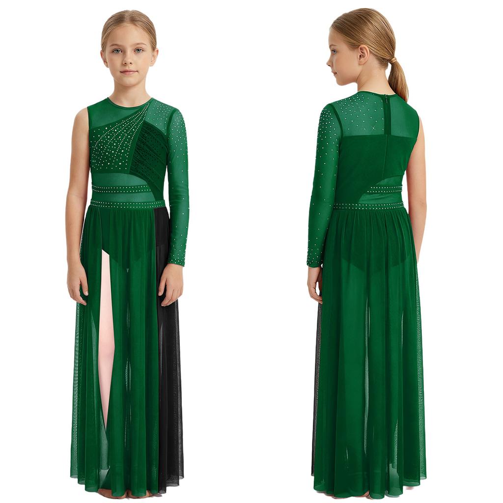 Kids Girls Stage Performance Dress: Back Invisible Zipper Color Block Mesh Patchwork Side Split with Shiny Rhinestones for Lyrical Dance