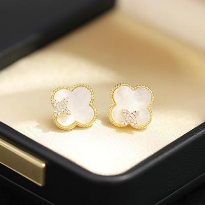 European and American Temperament Niche Natural Fritillary Four-leaf Clover Earrings Exquisite Diamond-plated Versatile High-end Silver Needle Earring