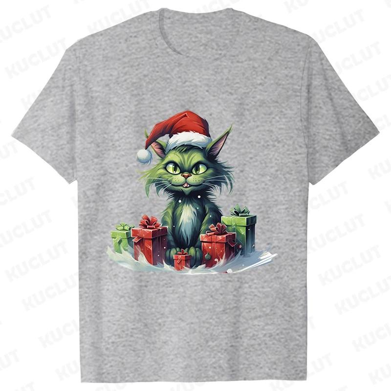 New Year Short Sleeve Tshirt Cute Cat Print Tops Fashion Xmas Unisex Tees Shirt Trend Graphic Christmas Male Oversized Clothing