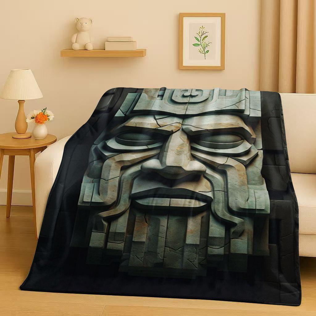 Retro Aztec Totem Maya Mask Sun God Flannel Blanket,Ultra Soft Warm Plush Throw for Home Bedroom Bed Sofa Cover Office Gift Kids