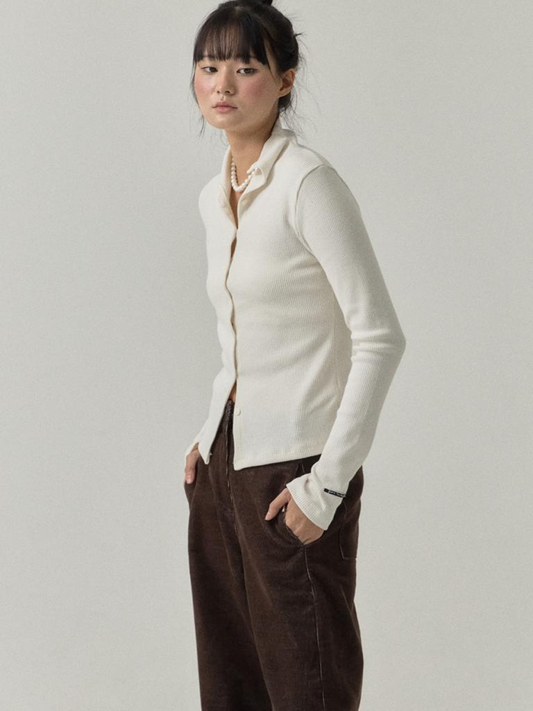 SORRY, TOO MUCH LOVE High Neck Button Down Ribbed Top_Ivory
