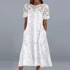 Women Dress Lace Stitching Pullover Round Collar Summer Outdoor Embroidery Flower Midi Dress Streetwear Costume