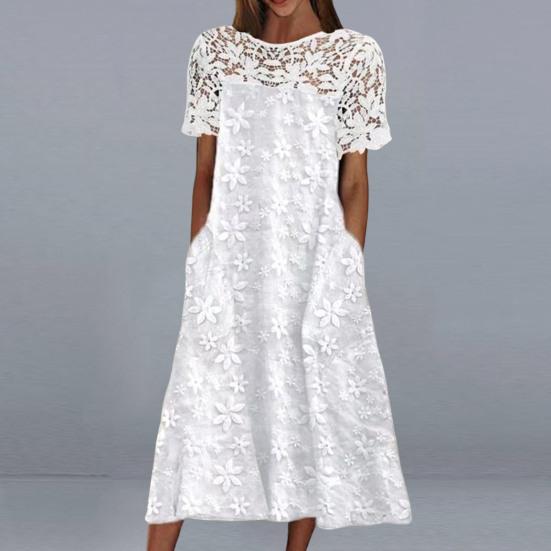 Abito da donna Pullover con cuciture in pizzo Colletto tondo Abito estivo con ricamo floreale Abito longuette Costume streetwear