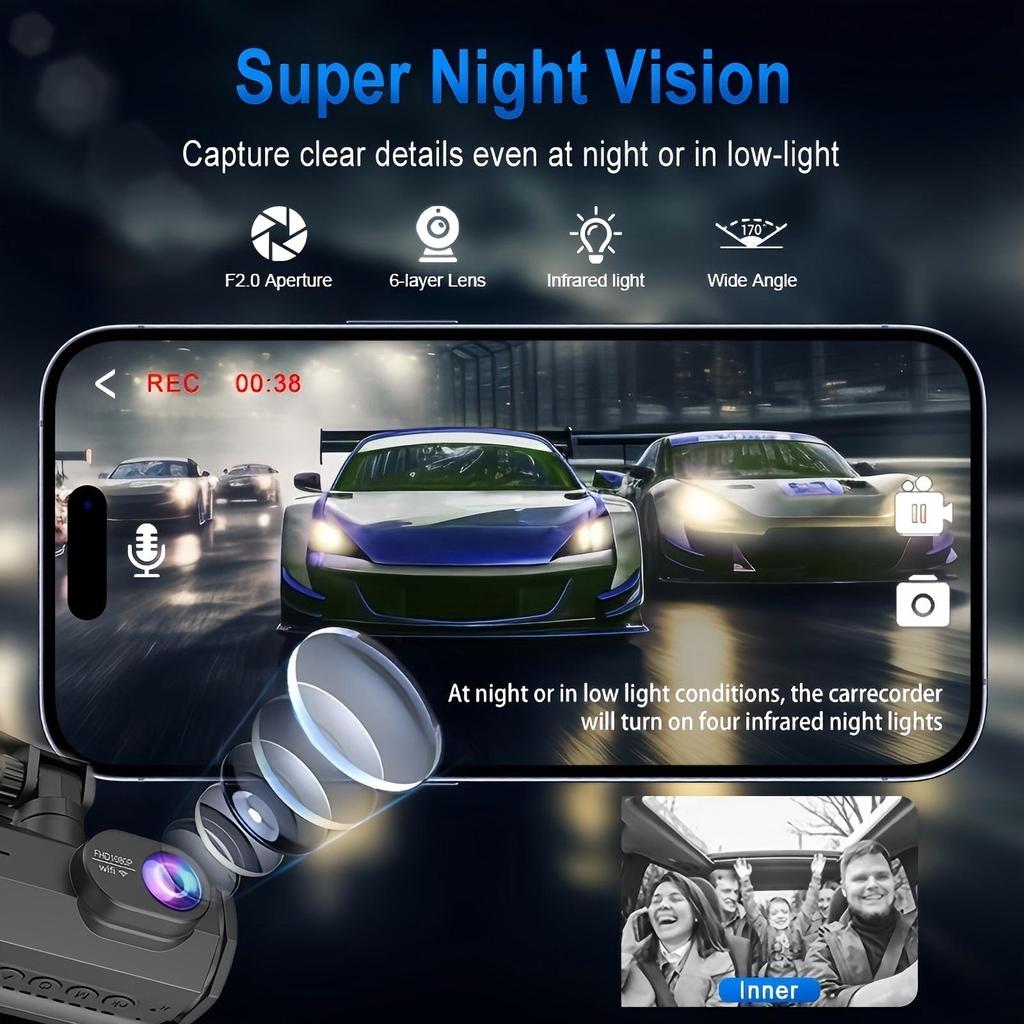 1080P WIFI Camera for Cars, 3/2Channel Dash Cam Front Inside and Rear Car DVR with IR Night Vision Loop Recording Wide Angle Cam
