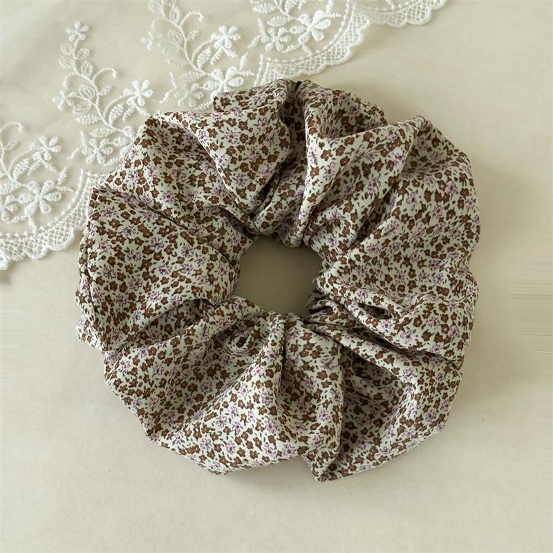 

French Vintage Floral Print Hair Scrunchies Oversized Ruched Ponytail Holder Pastoral Style Elastic Hair Ties For Thick Hair бежевый