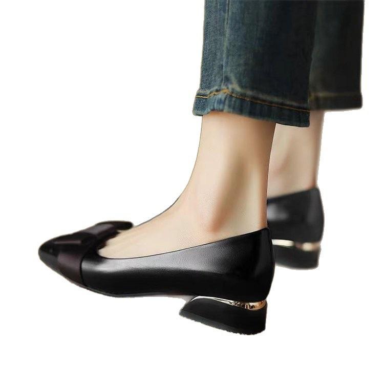 Xiaoxiangfeng French color matching high heels autumn new thick heel bow retro medium heel light mouth single shoes