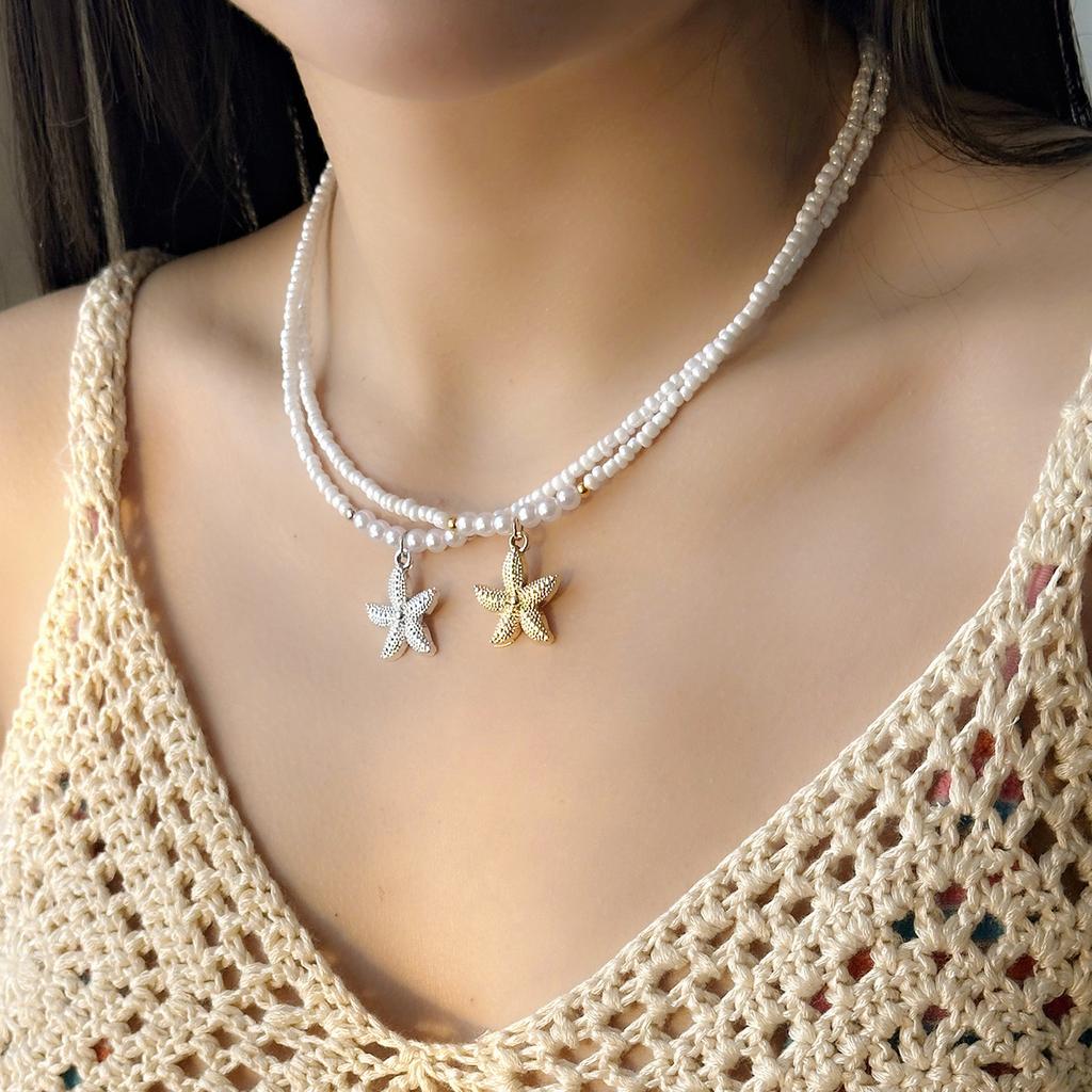 Bohemian Starfish Pendant Pearls Bead Necklace Adjustable Length Portable Jewelry for Beach Vacation and Parties