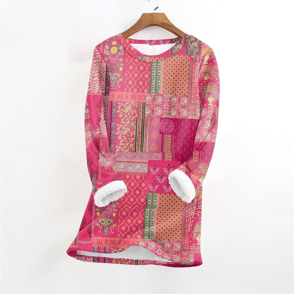 Haut pull-over chaud en peluche à manches longues et col rond imprimé tendance pour femmes