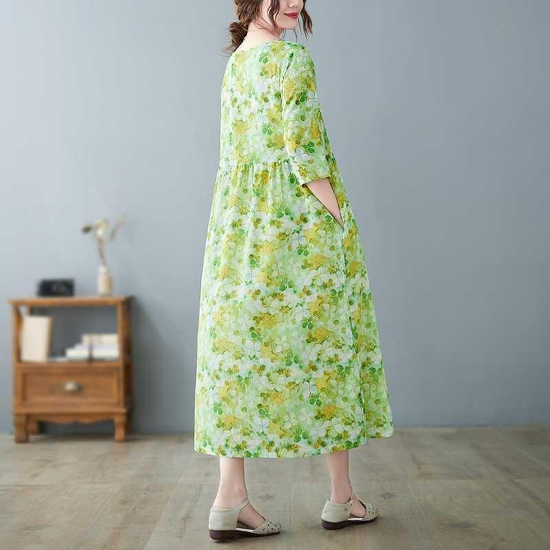 Lato Nowość Literacki Duży Rozmiar Luźny Cienki Okrągły Dekolt Rękaw Pięciominutowy Sukienki Damskie Odmładzające