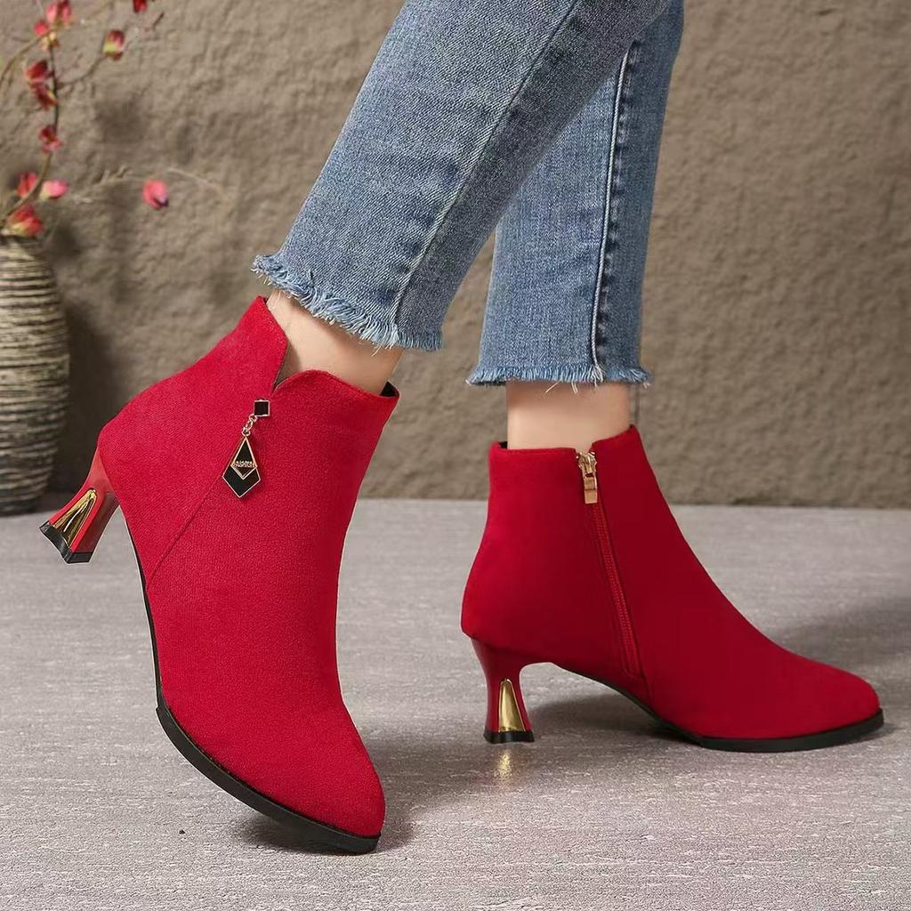 Frosted short boots women's boots new autumn and winter fine heel suede flip leather shoes high heels medium heel Martin boots