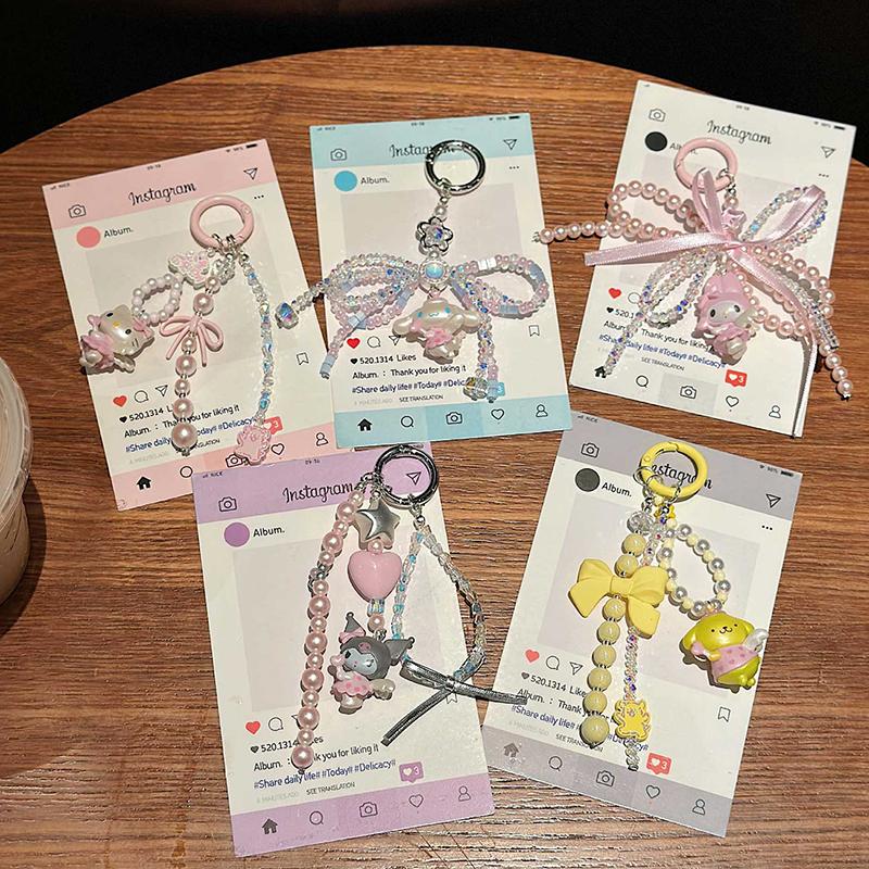 Sanrio Cute Cartoon Character Series Cute Bead Chain Small Bow Keychain Bag Pendant