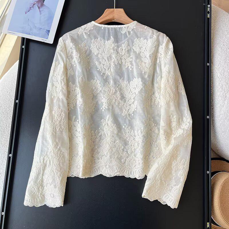 Semi-Transparent Lace Embroidered Women's Round Neck Blouse