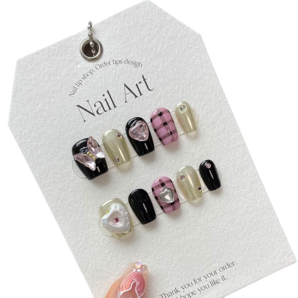 100% РУЧНАЯ РАБОТА трапециевидной формы гроба искусственные ногти кристалл бабочка клетчатые черные ногти для фототерапии многоразовые ногти XS