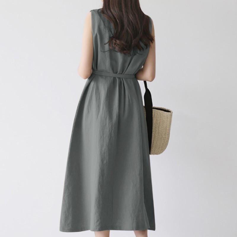 Women's Bohemian Sleeveless Belted Cotton Linen Maxi Dress