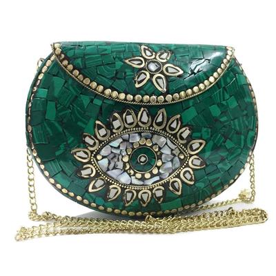 Turquoise Stone Mosaic Metal Bag Antique Ethnic Bridal Clutch Indian Purse Party Clutch Women Bag