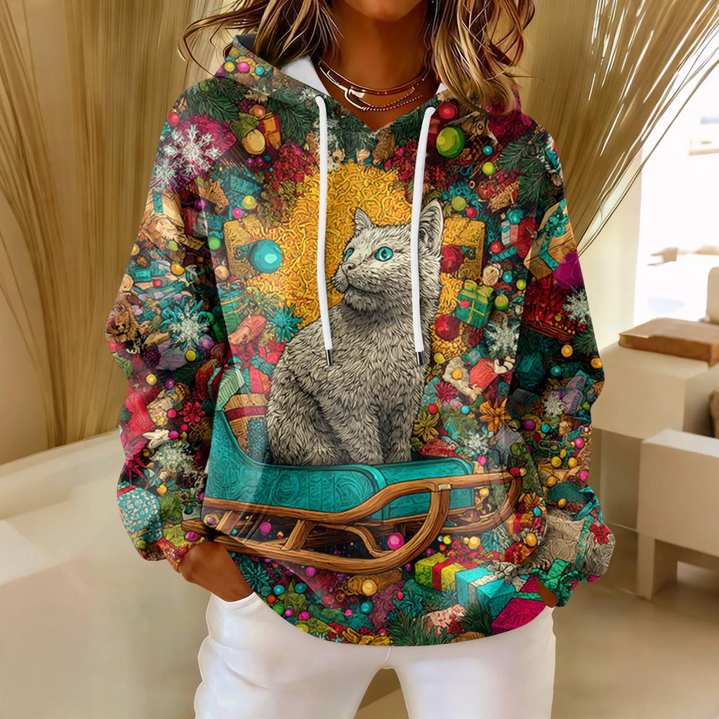 Women's Loose Comfortable Casual Fashion V-Neck Christmas Print Long Sleeve Hoodie