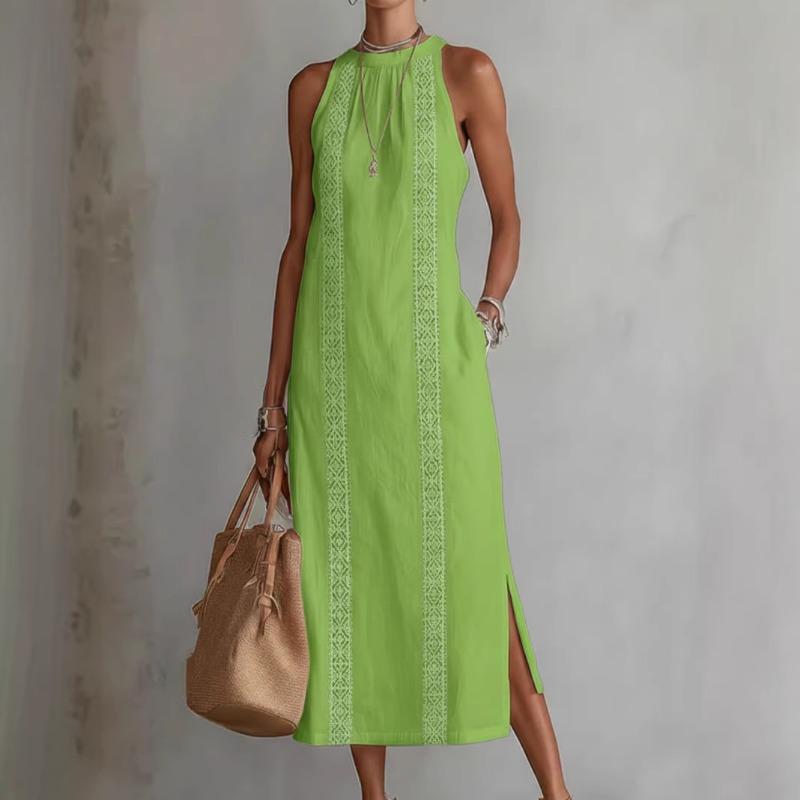 Mode Ärmelloses Spitzenkleid Neu Einfarbige O-Ausschnitt Locker Lang Party Elegant Sommer A-Linien-Kleid Damen Süß Schlitz Lässig Damenbekleidung