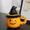 Ghost Pattern Ceramic Cup with Elf Hat Lid Halloween Theme Handmade Artwork Mug Halloween Themed Elf Decor Mug Ceramic Drinkware