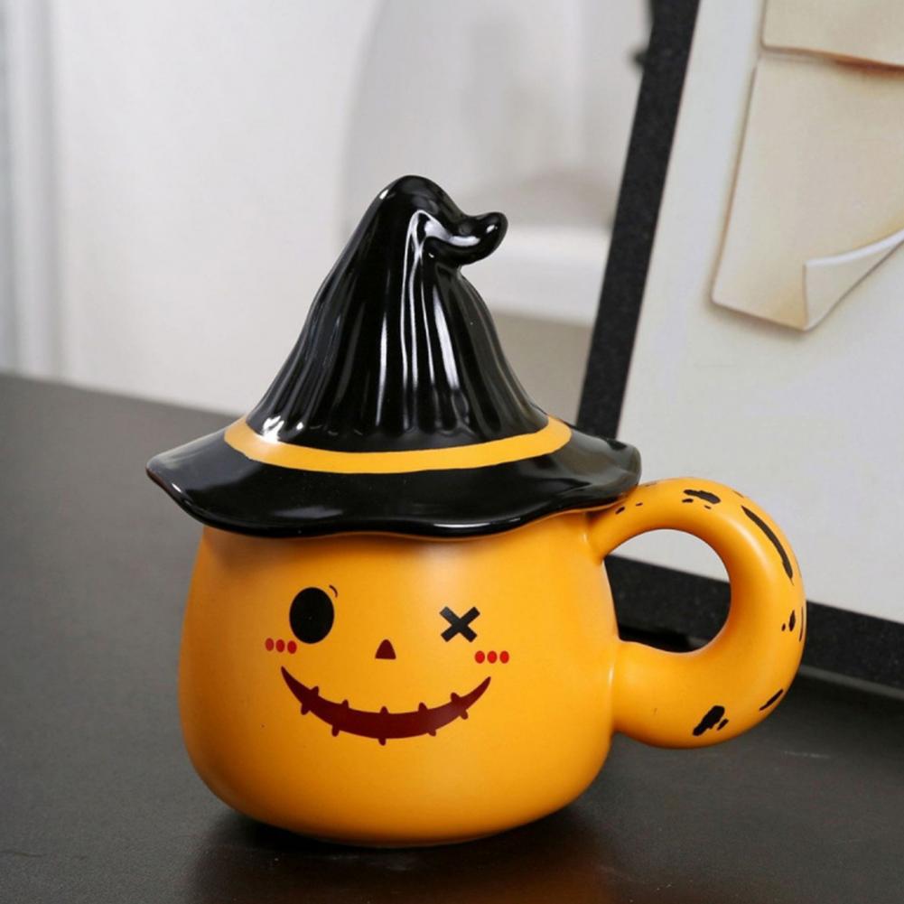 Ghost Pattern Ceramic Cup with Elf Hat Lid Halloween Theme Handmade Artwork Mug Halloween Themed Elf Decor Mug Ceramic Drinkware