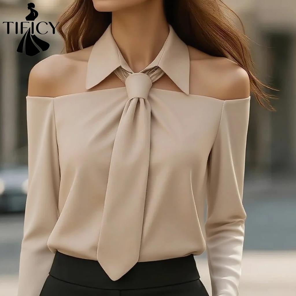 TIFICY Women's Fashion Casual Spring Autumn Solid Color Print Long Sleeve POLO Neck Blouses & Shirts