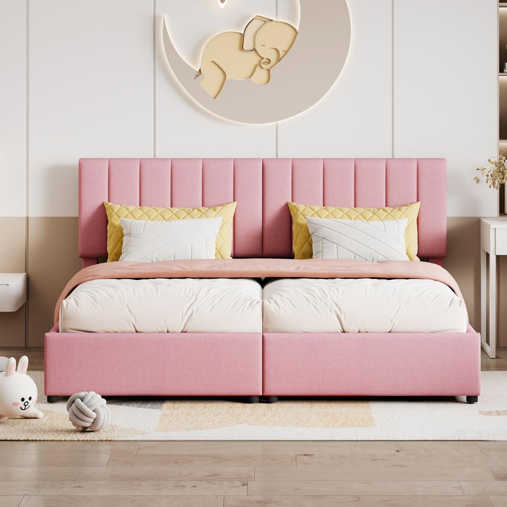 Upholstered Bed 180x200 cm, Hydraulic Storage Bed, Skin-Friendly Linen High Box Bed, Multifunctional Double Bed, Pink