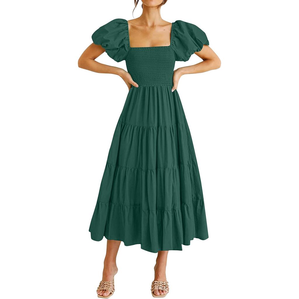 Women's Fashion Solid Colour Square Neck Backless Bubble Sleeve Pleated Short Sleeve Dresses