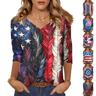 Women's Tops Three-quarter Sleeve Shirt V-neck Loose Casual Shirt Print T-shirt