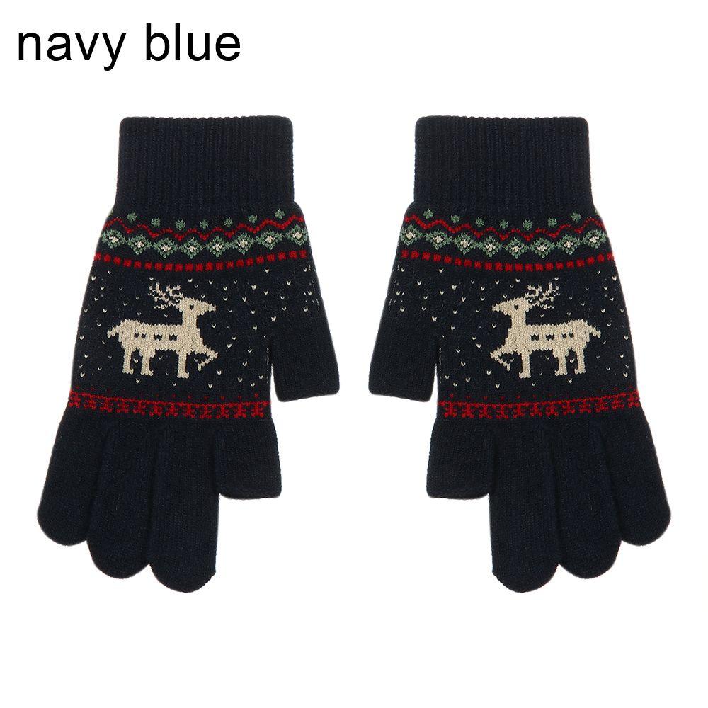 

Faux Cashmere Two-finger Exposed Fingerless Knitted Gloves Autumn Winter Cartoon Deer Pattern темно-синього кольору