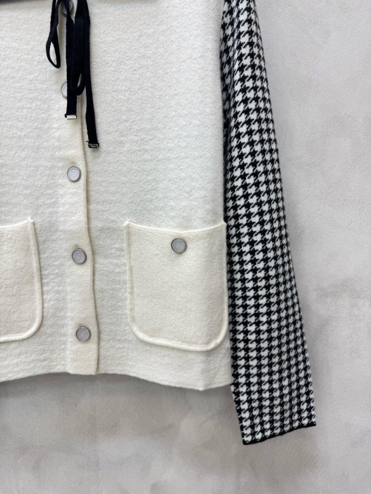 Houndstooth Knit Lapel Cardigan with Tie and Double Pockets