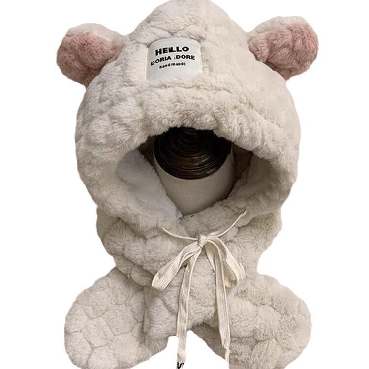 Chapéu e Cachecol Fofos com Orelhas de Urso Tudo em Um Feminino Inverno Estilo Coreano Pelúcia Espessado Quente Ciclismo Proteção para Orelhas Chapéu