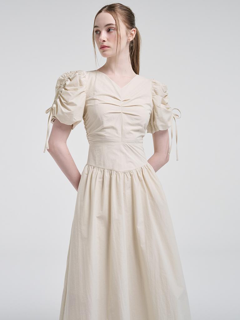 Etmont Front Tuck Shirring Dress, Light Beige