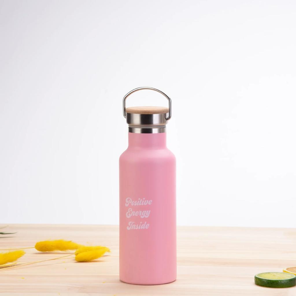 500ML Sports THERMOS CUP With Handle,Bamboo Lid,Printed Drinkware,Stainless Steel Vacuum Flasks,Camping And Gym Water Bottle