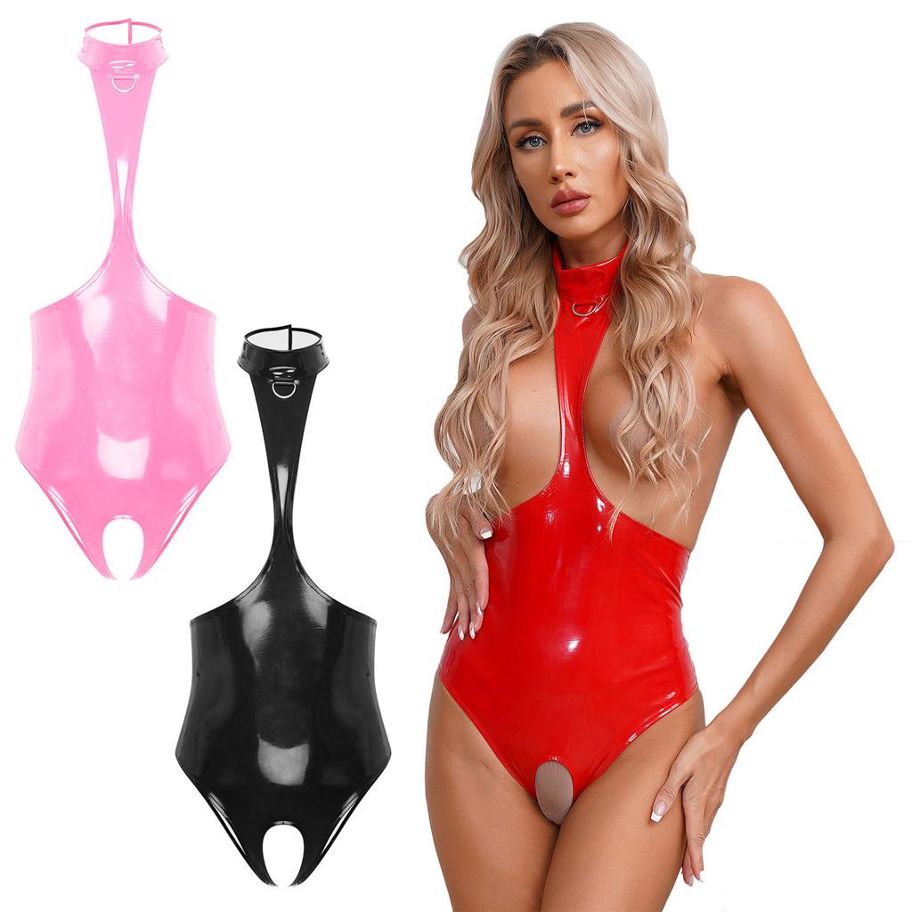 Dámská kožená ohlávka Wet Look Otevřená přední bezrozkroková spodní prádlo Bodysuit Clubwear Noční prádlo