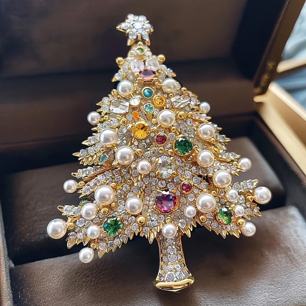 Dazzling Decor, Elegant Rhinestone Christmas Tree Brooch - Luxury Alloy & Enamel Pin, Perfect Holiday Gift