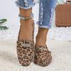Fashion Fall New Loafers Vintage Round Toe Deep Mouth Leopard Rhinestone Metal Buckle Soft Sole Non-Slip Plus Size Flats