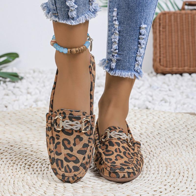 Fashion Fall New Loafers Vintage Round Toe Deep Mouth Leopard Rhinestone Metal Buckle Soft Sole Non-Slip Plus Size Flats
