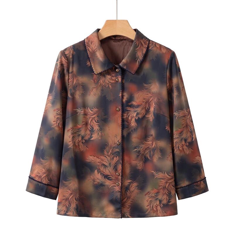 Elegant Floral Print Satin-Feel Button-Down Blouse for Mature Women