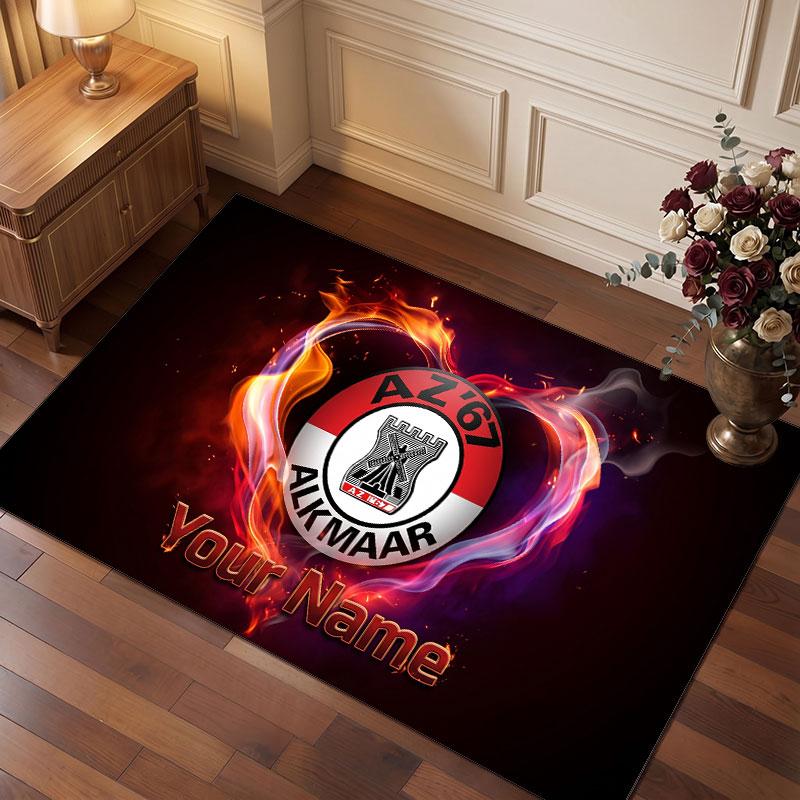 AZ Alkmaar Custom Crystal Velvet Rug, Personalized Name Text Print, Football Logo Soft Non‑Slip Floor Mat Home Decor Gift