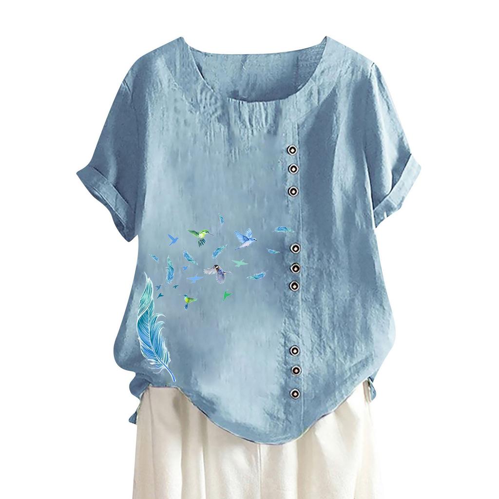 Ladies' Fashionable And Casual Cotton And Linen Short-sleeved Top With Buttons, Round-neck Floral Print T-shirt