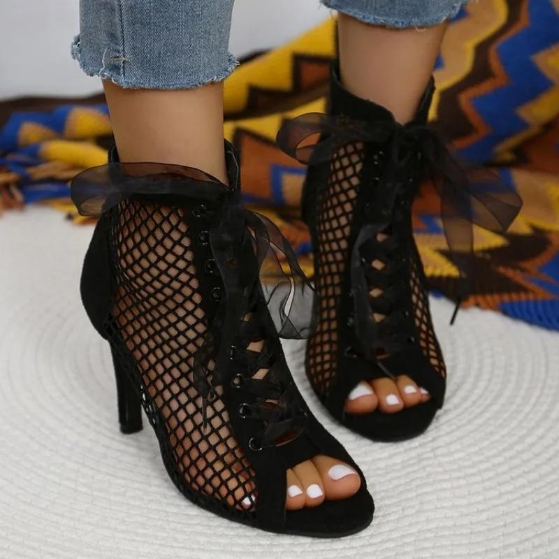 Fashion 2025Women's Fashion Stiletto Sandals Summer New Round Head Front Lacing Net Fabric Hollow-out Anti-slip Wear-resistant