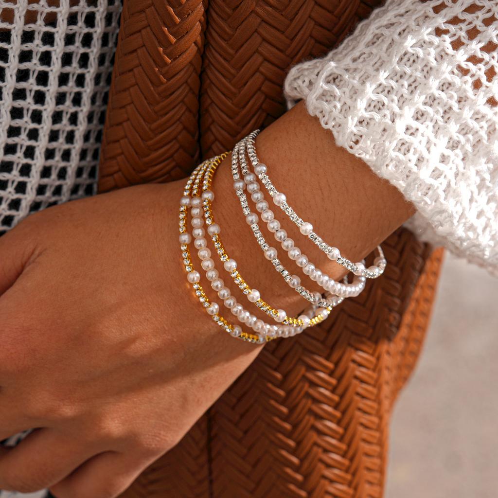 Light Luxury Style Diamond-set Imitation Pearl Beaded Three-layer Open Bracelet Fashion Baroque Jewelry