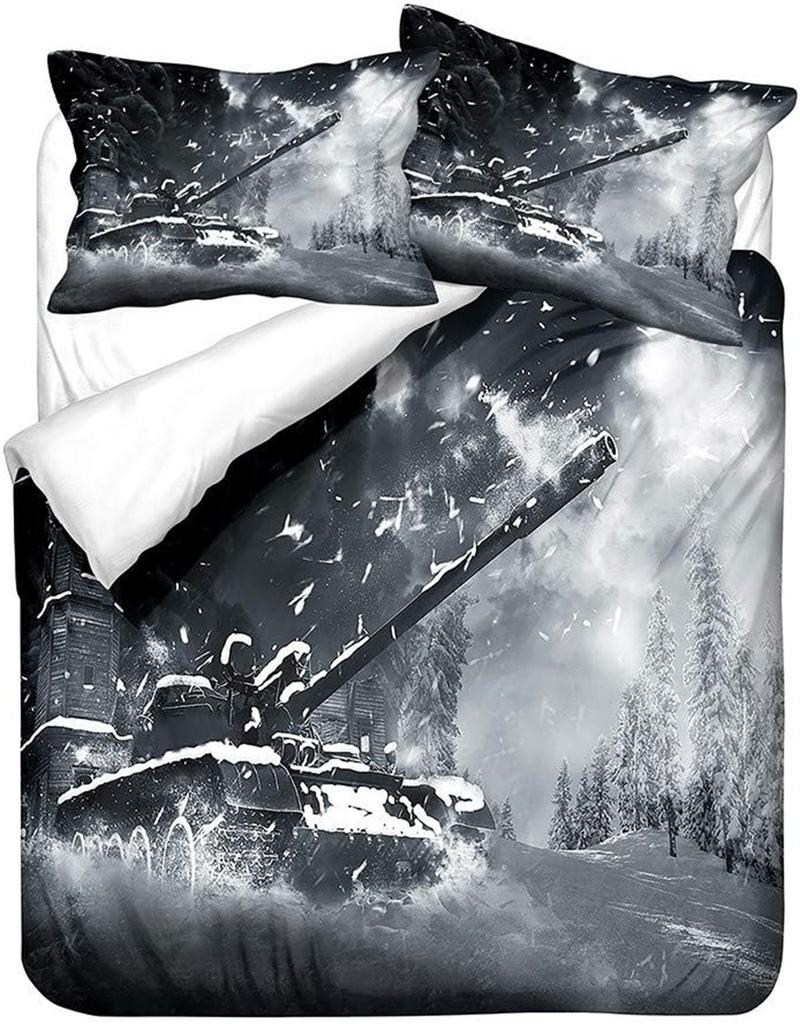 3D Cartoon Panzer Armee Muster Junge Mann Wohnheim Bettbezug mit Reißverschluss, Polyester Mikrofaser Bettwäsche Set Bettbezug und Kissenbezüge 75*50