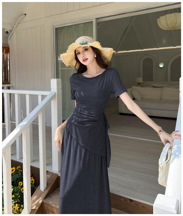 Französisches Falten-T-Shirt mit tailliertem Bund & High-Waist-Rock Sommer-Set für Damen