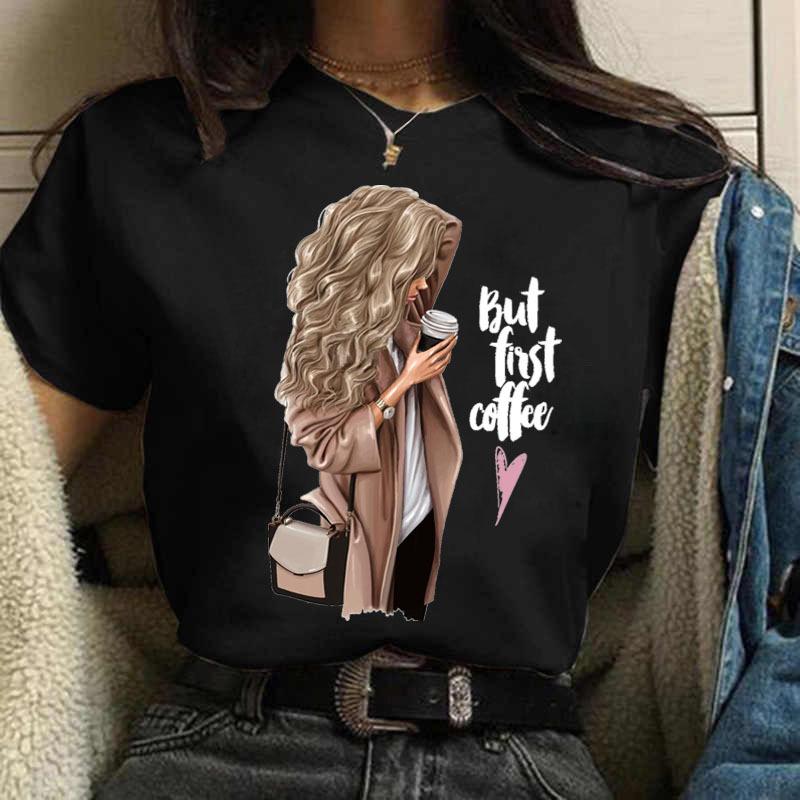 Summer Fashion Coffee Girl Urban Base Shirt Round Neck Pure Cotton Short Sleeved Women's T-Shirts Women’s