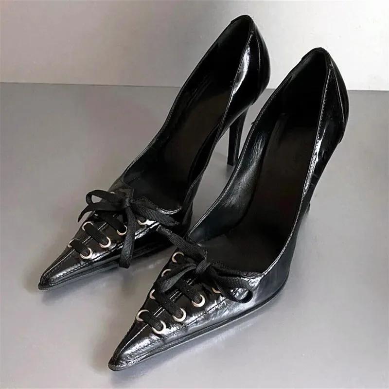 Fashion Sexy Pointed Toe Thin High Heel Women Pumps Lace Up Bow Design Black Leather High Heels Punk Style Fashion Elegant Woman Heels