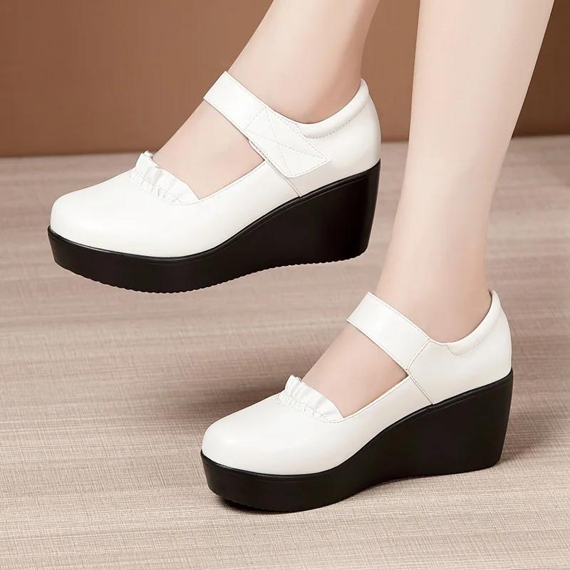 6cm Small Size 32-43 Comfortable Med Heels Pumps Soft Leather Mary Janes 2025 Women's Platform Wedges Shoes for Office Mom Dance
